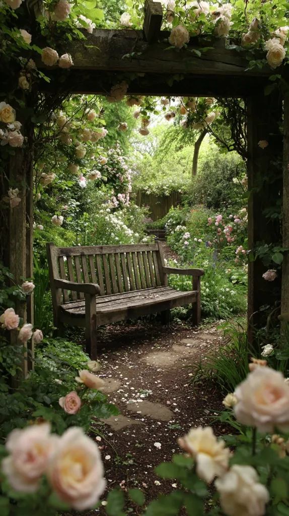 A weathered wooden bench sits nestled within a lush rose garden.  Pale pink and cream roses climb a rustic pergola overhead, creating an enchanting archway.  Petals scatter the path leading deeper into the blooming haven, where more roses and greenery abound.  The tranquil scene evokes a sense of peace and serenity.