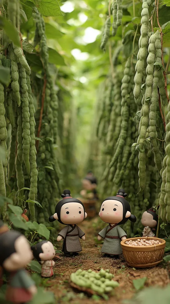 Two adorable cartoon figures, reminiscent of ancient Chinese attire, stand amidst a lush green bean field.  The beans hang in long pods, creating a natural, verdant tunnel.  Smaller figurines surround them, and a small basket of beans sits nearby. The scene is peaceful and evokes a sense of harvest and tranquility.