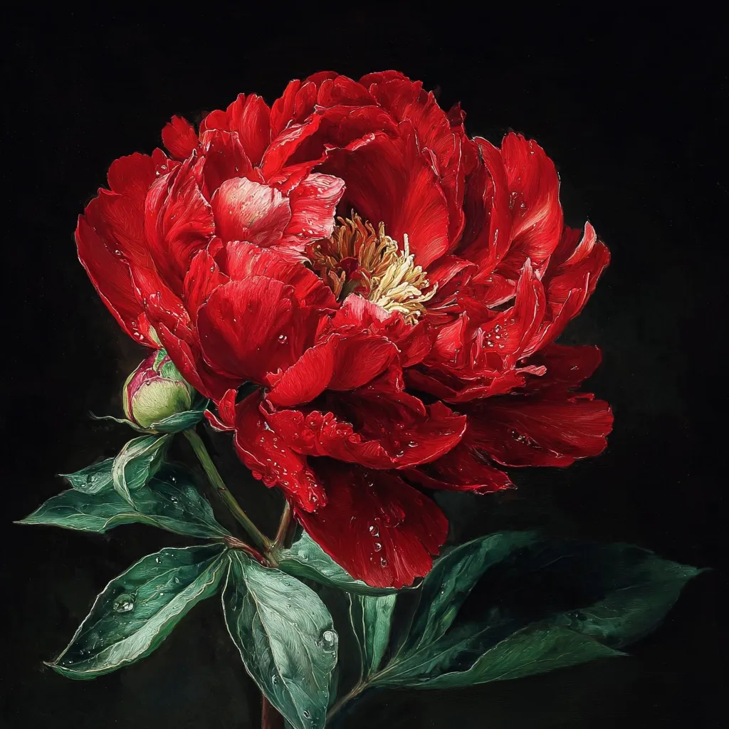 A vibrant crimson peony, its petals glistening with dew, dominates the dark background.  The flower's rich color is intensely detailed, showcasing the delicate texture of the petals and the golden stamens at its heart. A smaller, unopened bud hints at future blooms on the lush green stem, further emphasizing the flower's beauty and vitality.  The dark setting accentuates the peony's brilliance.