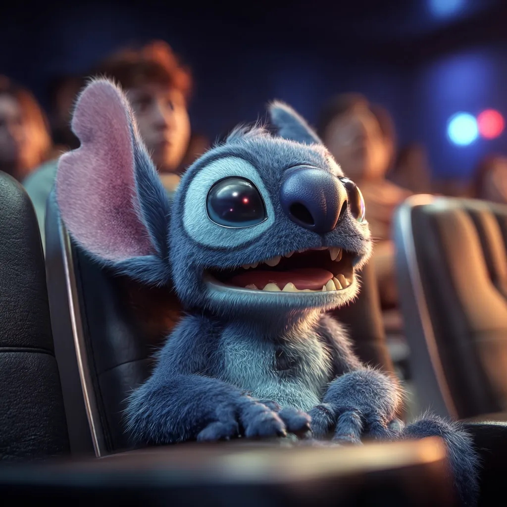 A fluffy, adorable Stitch sits in a movie theater seat, his large eyes wide with excitement.  His blue fur is realistically rendered, and his happy expression is contagious.  The background is blurred, showing other moviegoers, suggesting a fun and lively atmosphere. The focus is entirely on Stitch, highlighting his charming features and playful demeanor.
