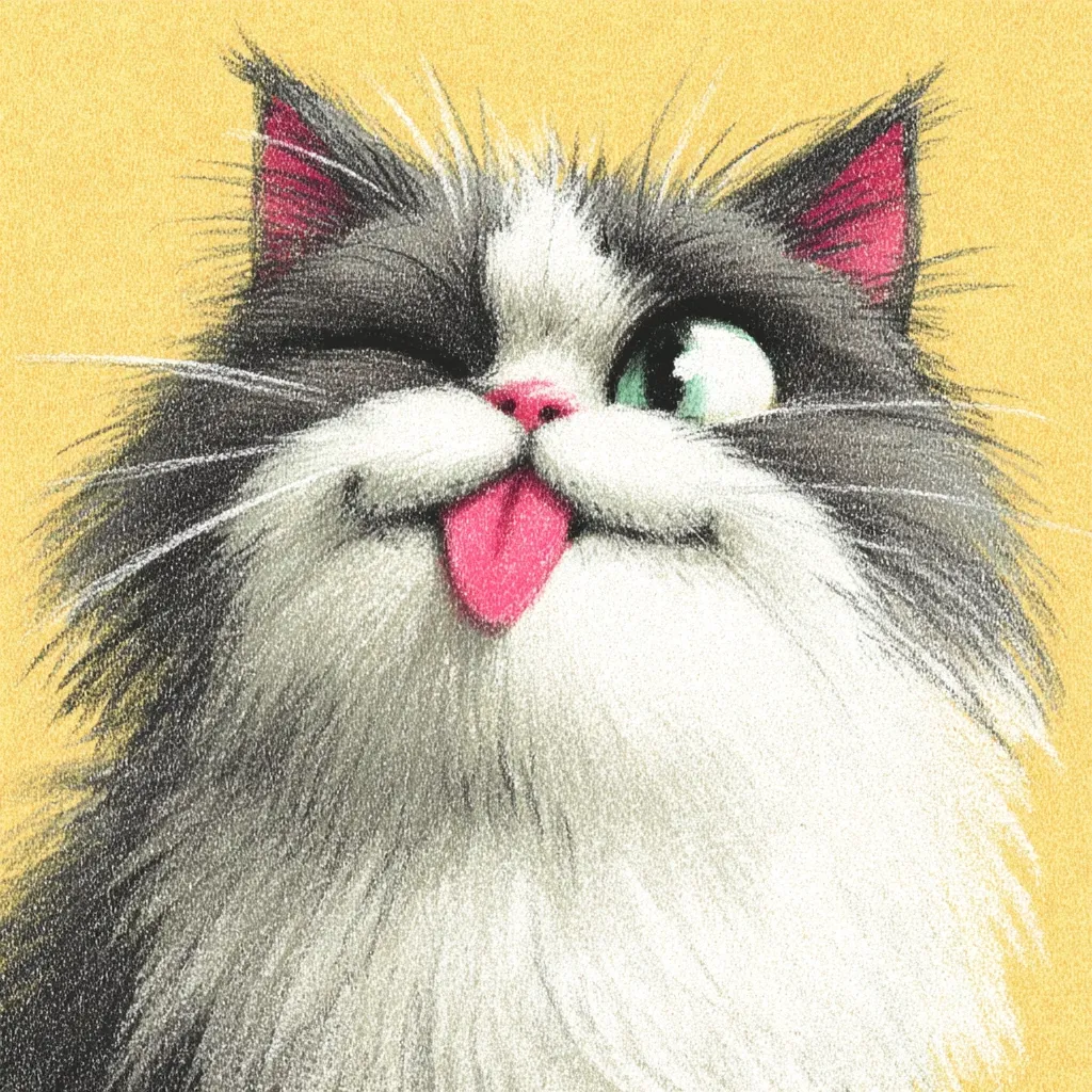 A playful illustration depicts a fluffy gray and white cat with one eye closed in a wink.  Its tongue playfully sticks out, creating a comical and endearing expression. The cat's fur is meticulously detailed, giving a soft, textured appearance against a muted yellow background. The overall style is whimsical and charming.