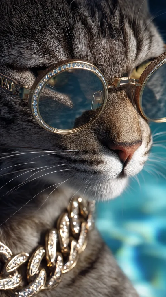 A grey tabby cat dons oversized, gold-rimmed sunglasses adorned with tiny jewels.  A thick, gold chain necklace, also studded with small gems, rests around its neck.  The cat's expression is cool and nonchalant, its gaze directed slightly away from the camera. The background is a blurry, out-of-focus turquoise, suggesting a pool or water setting.