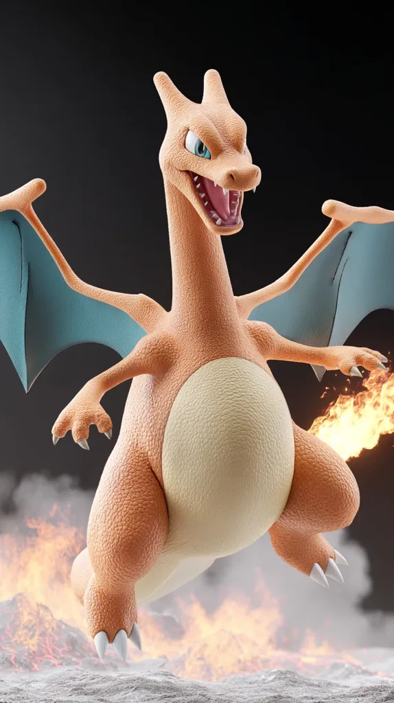 A 3D rendered Charizard, a fire-type Pokémon, is depicted mid-leap.  Its orange and cream body is detailed, showcasing textured skin.  Large, teal wings are outstretched, and a fiery blast emanates from its tail. The background hints at a volcanic landscape, enhancing the fiery theme. The overall image is dynamic and showcases the Pokémon's powerful presence.