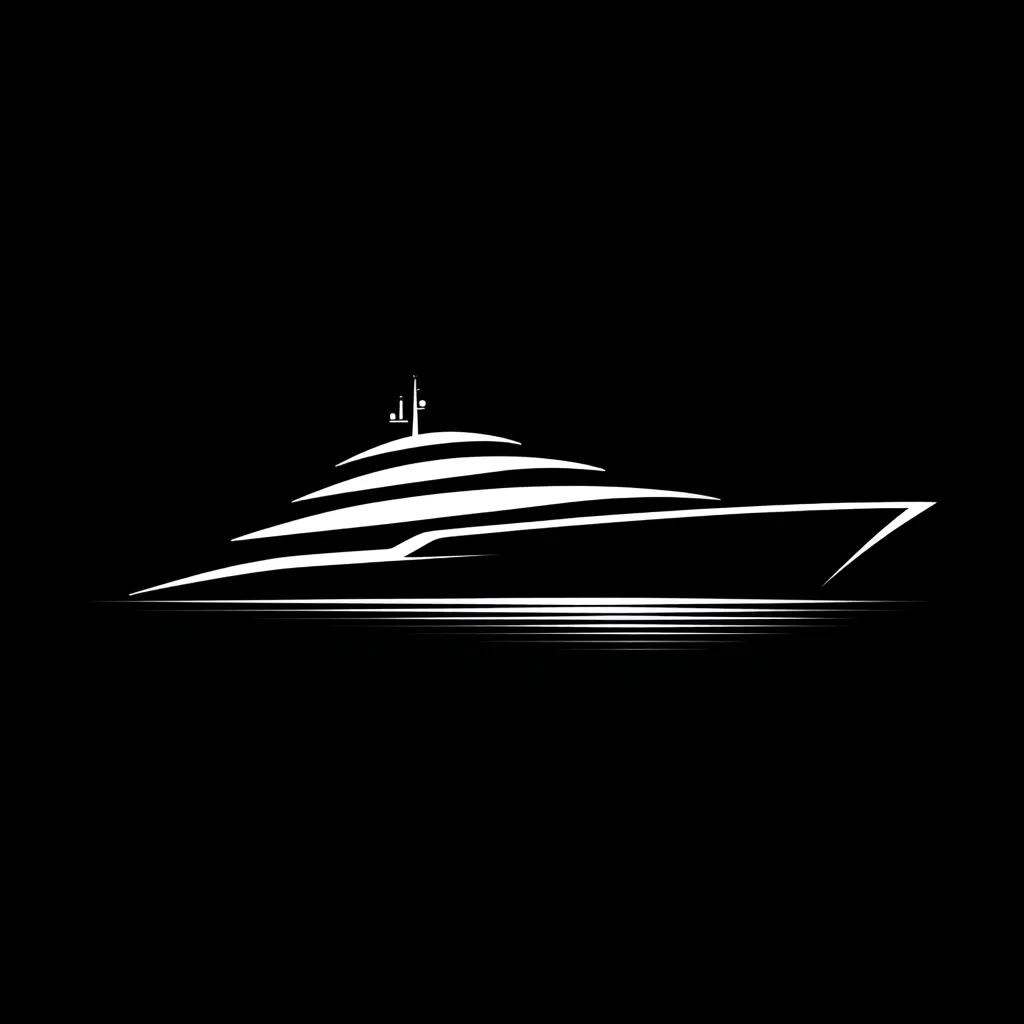 A stylized, minimalist illustration of a luxury yacht depicted in white against a black background.  The yacht's sleek profile is emphasized by clean lines and a focus on its shape.  The image suggests speed, elegance, and the high-end nature of the vessel.  The dark background creates a dramatic contrast, highlighting the yacht's form.