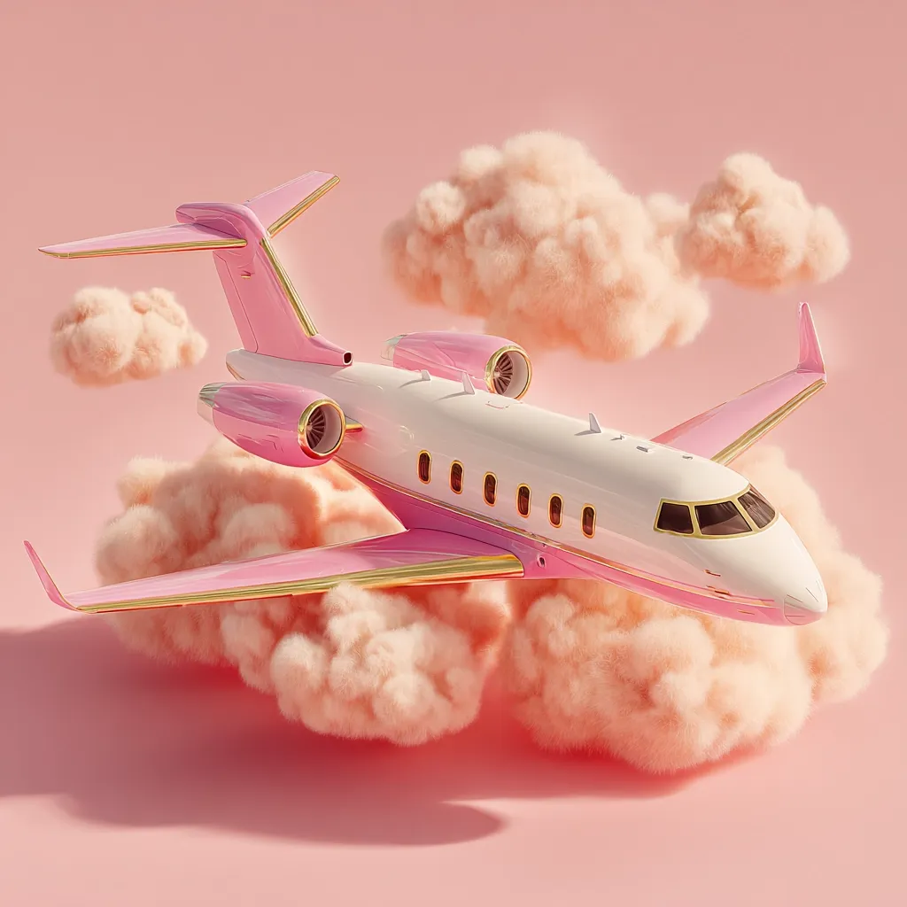 A pink and white private jet soars through fluffy, pastel-colored clouds against a matching pink backdrop.  The aircraft is accented with gold detailing, giving it a luxurious and whimsical appearance. The image evokes a sense of carefree travel and opulent style. The overall aesthetic is playful and dreamy.