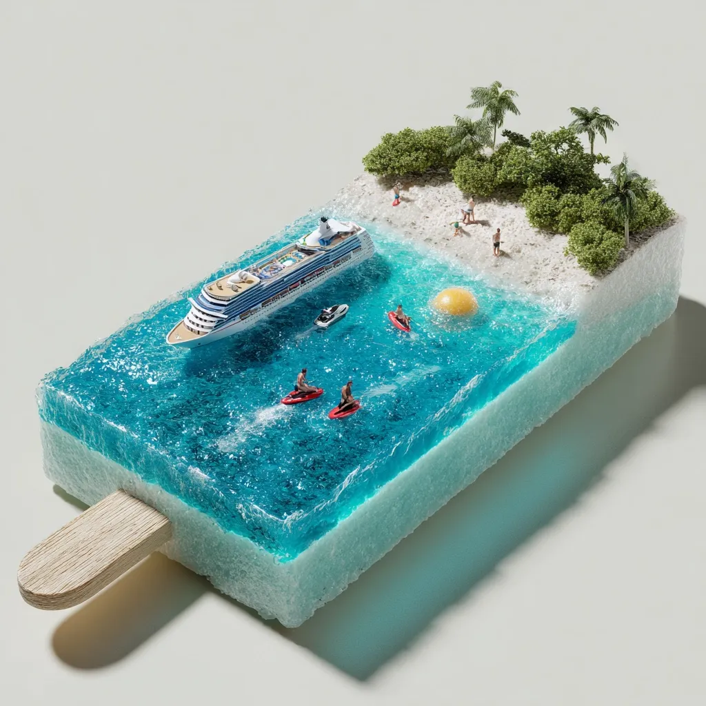 A miniature tropical island scene is encased in a giant popsicle.  A cruise ship is anchored offshore, with tiny jet skis and people enjoying the turquoise water.  A small sandy beach with palm trees and miniature figures completes the idyllic summer vacation setting, all frozen in a vibrant, icy treat.
