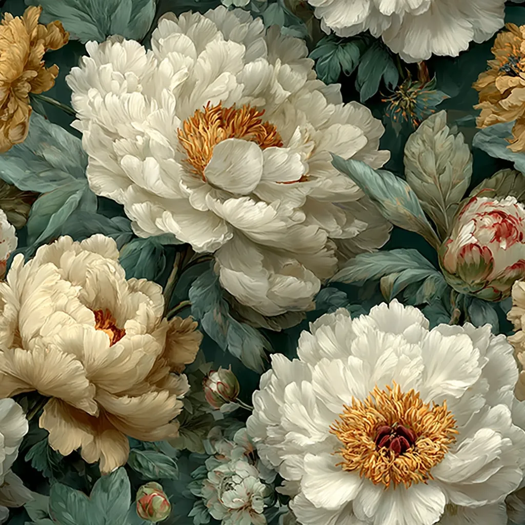 A lush, close-up view of a floral arrangement, dominated by large, creamy-white peonies with golden centers.  The peonies are depicted in a painterly style with soft shading and subtle variations in color.  Deep teal-green leaves create a rich backdrop, enhancing the vibrancy of the blooms.  Smaller, budding flowers and hints of other colors add depth and complexity to the composition. The overall aesthetic is opulent and romantic.