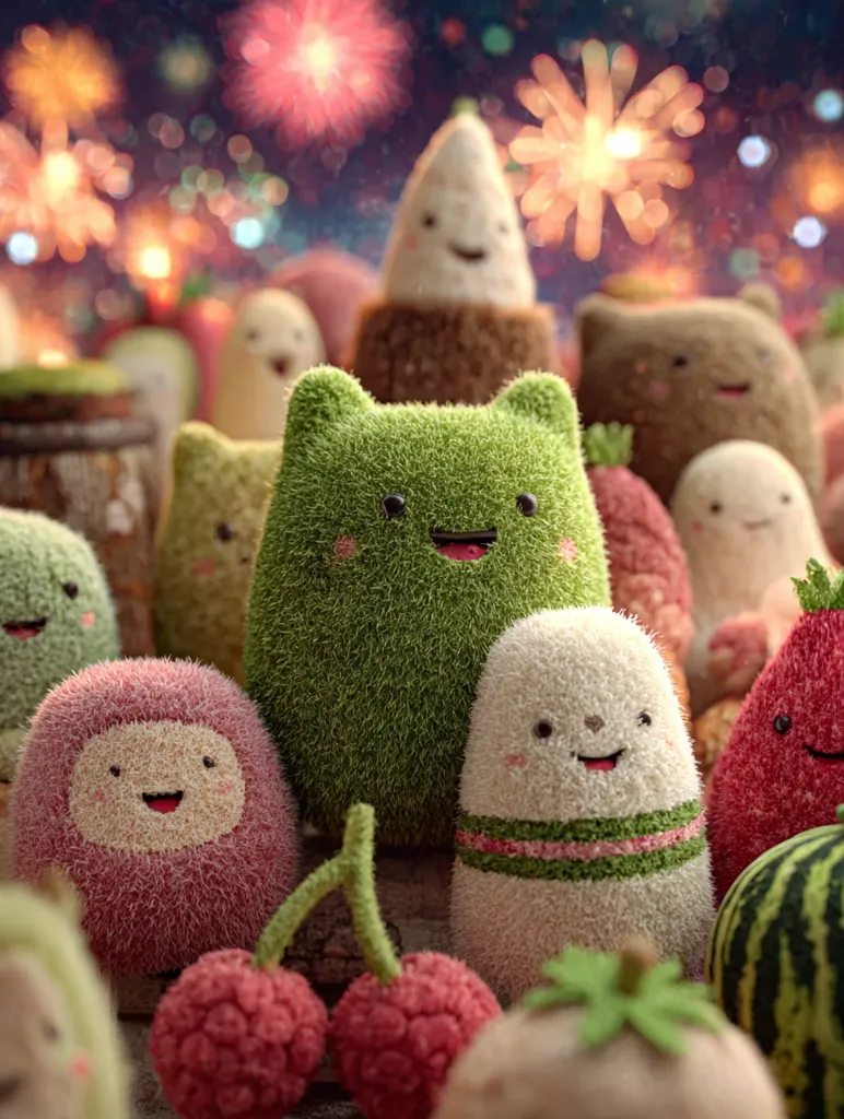 A festive gathering of adorable, fuzzy fruit and vegetable characters celebrates against a backdrop of sparkling fireworks.  The characters, each with cheerful faces, are diverse in shape and color, resembling various produce.  The scene is whimsical and charming, evoking a feeling of joy and celebration.