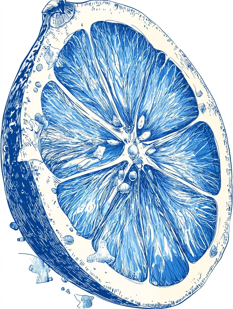 A detailed, stylized illustration depicts a cross-section of a lemon rendered in shades of blue.  The intricate drawing highlights the fruit's internal structure, showcasing the segments, pith, and juice vesicles with meticulous linework.  The style suggests a blend of botanical illustration and graphic art, creating a visually striking and almost abstract image.  Small details like drips and blemishes add to the realism.