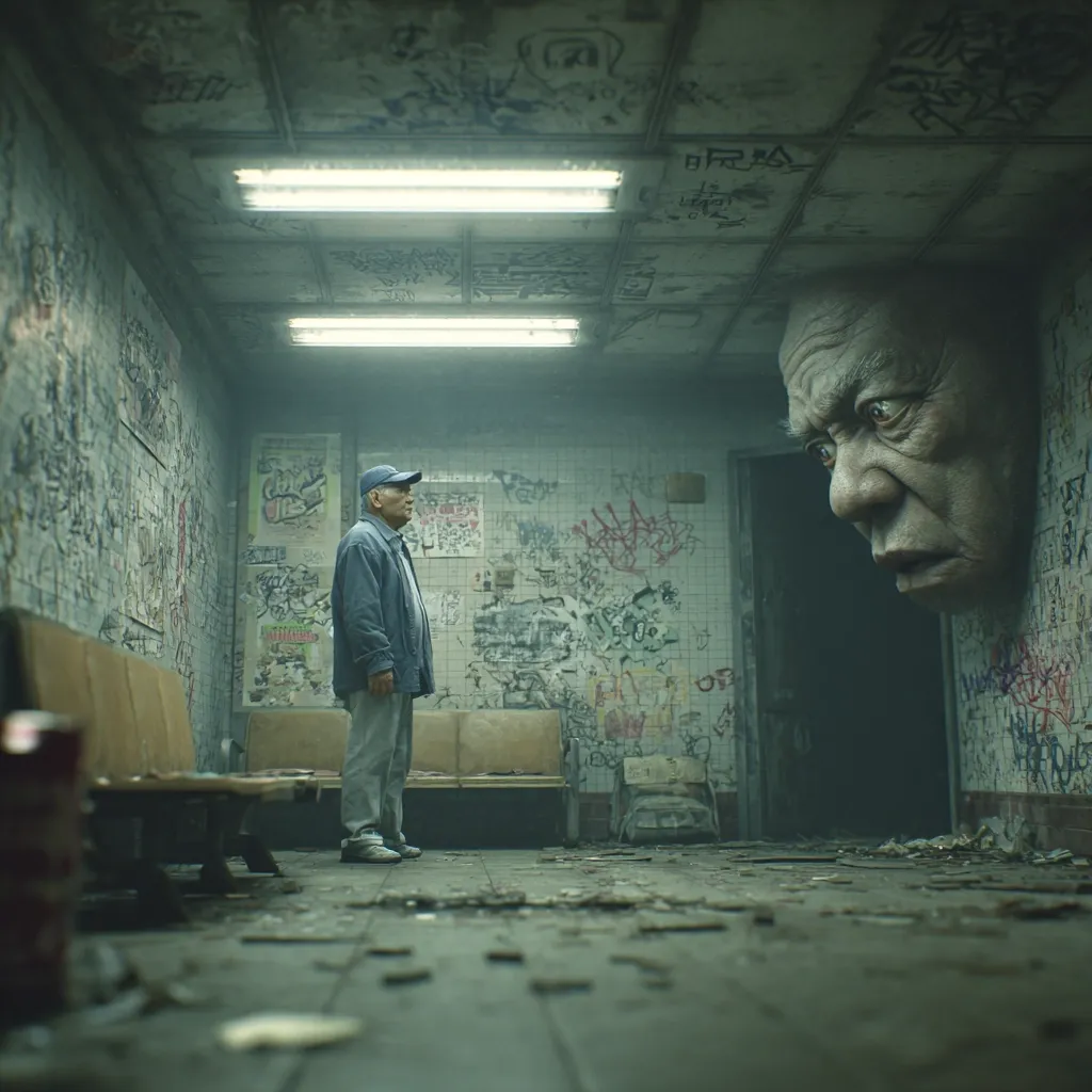 A lone elderly man stands in a dilapidated, graffiti-covered subway waiting room.  The room is dimly lit, with fluorescent lights overhead.  A large, unsettling, aged face emerges from the wall, looming over the man, creating a surreal and unsettling atmosphere. The scene is gritty and suggests a feeling of unease and isolation.