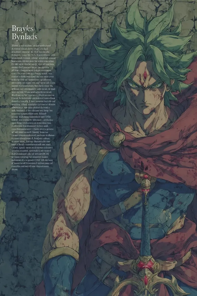A detailed illustration of Brayles Bynlads, a muscular warrior with vibrant green hair and a stern expression. He's adorned in a tattered, dark red cloak over blue armor, bearing numerous battle scars. A large, ornate sword rests at his side, hinting at past conflicts. The background features a rough, aged stone wall, adding to the gritty atmosphere. The image suggests a character from fantasy, perhaps a video game or comic book.