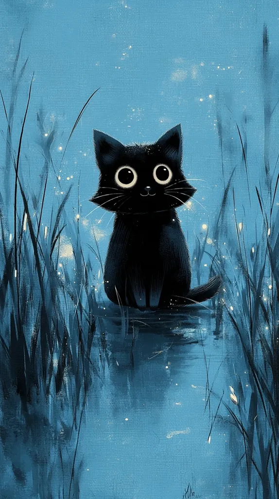 A charming illustration depicts a black kitten with large, expressive eyes.  It sits serenely amidst tall grasses beside a tranquil blue water. The background is a soft, dreamy blue, speckled with tiny white lights, creating a magical, whimsical atmosphere. The kitten's cheerful expression adds to the overall enchanting scene.
