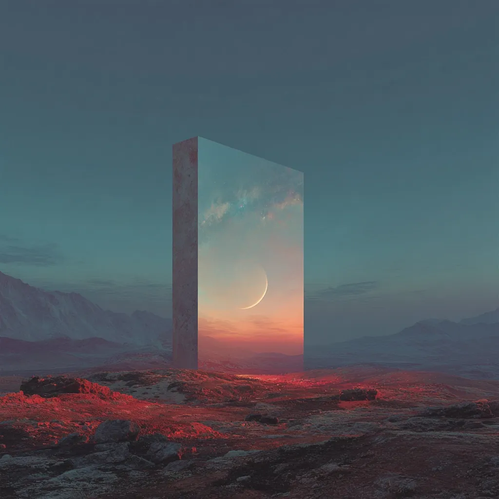 A digital artwork depicts a surreal landscape. A monolithic structure stands in a red-hued desert, its surface mirroring a celestial scene: a crescent moon hangs in a twilight sky, stars twinkling above a fiery horizon.  Mountains stretch across the background under a soft, teal sky, creating a dreamlike and otherworldly atmosphere. The contrast between the harsh desert and the tranquil sky within the monolith is striking.
