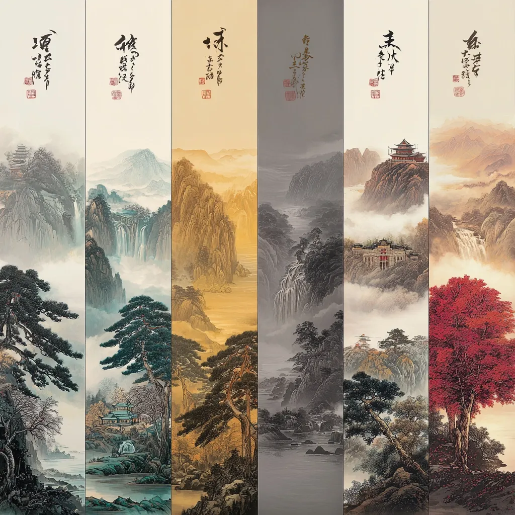 A six-panel artwork depicts serene Chinese landscape paintings. Each panel showcases misty mountains, waterfalls, and traditional architecture, including pagodas and temples nestled among lush greenery.  The color palettes vary across the panels, creating a visually striking contrast.  The style is reminiscent of classical Chinese ink wash painting, emphasizing atmospheric perspective and tranquility.  Calligraphy adorns the top of each panel.