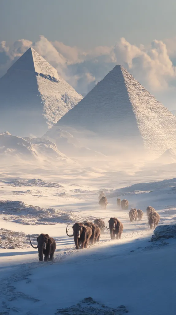 A herd of woolly mammoths trek across a snow-covered landscape, their massive forms silhouetted against the hazy light.  Two snow-dusted pyramids rise majestically in the distance, creating a surreal juxtaposition of ancient creatures and iconic structures. The scene evokes a sense of timelessness and wonder, a breathtaking blend of prehistory and history.