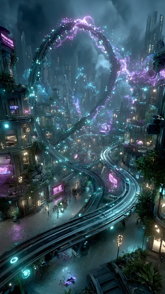 A futuristic cityscape at night, illuminated by neon signs and vibrant, swirling energy fields. Elevated walkways and transportation systems wind through the buildings, creating a complex network.  The architecture blends organic and technological elements, with lush vegetation integrated into the urban design.  People are visible below, moving through the streets. The overall atmosphere is one of dynamic energy and technological advancement.