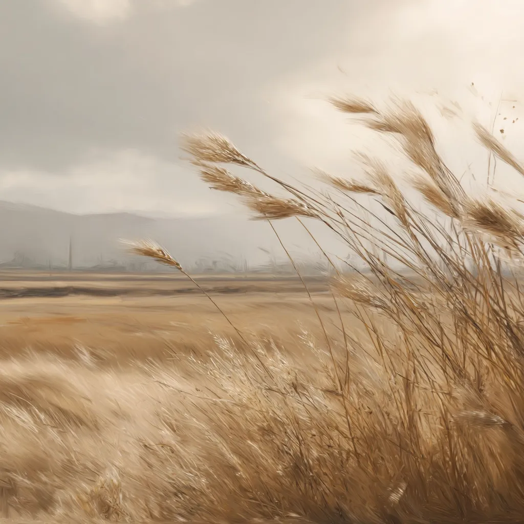 A misty landscape unfolds, dominated by tall grasses swaying gently in the breeze.  The muted tones of beige and brown create a serene atmosphere.  In the distance, a hazy industrial area is barely visible against the pale sky, adding a subtle contrast to the natural beauty of the foreground. The overall impression is one of quiet contemplation and the passage of time.