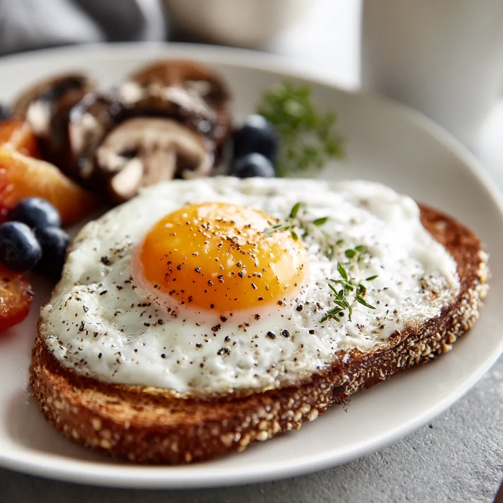 A perfectly fried egg, seasoned with black pepper, sits atop a piece of toasted bread.  The plate is garnished with sautéed mushrooms, blueberries, and a sprig of thyme.  The yolk is still runny, promising a delicious and satisfying breakfast.  The image focuses on the egg and toast, highlighting the textures and colors of the food.