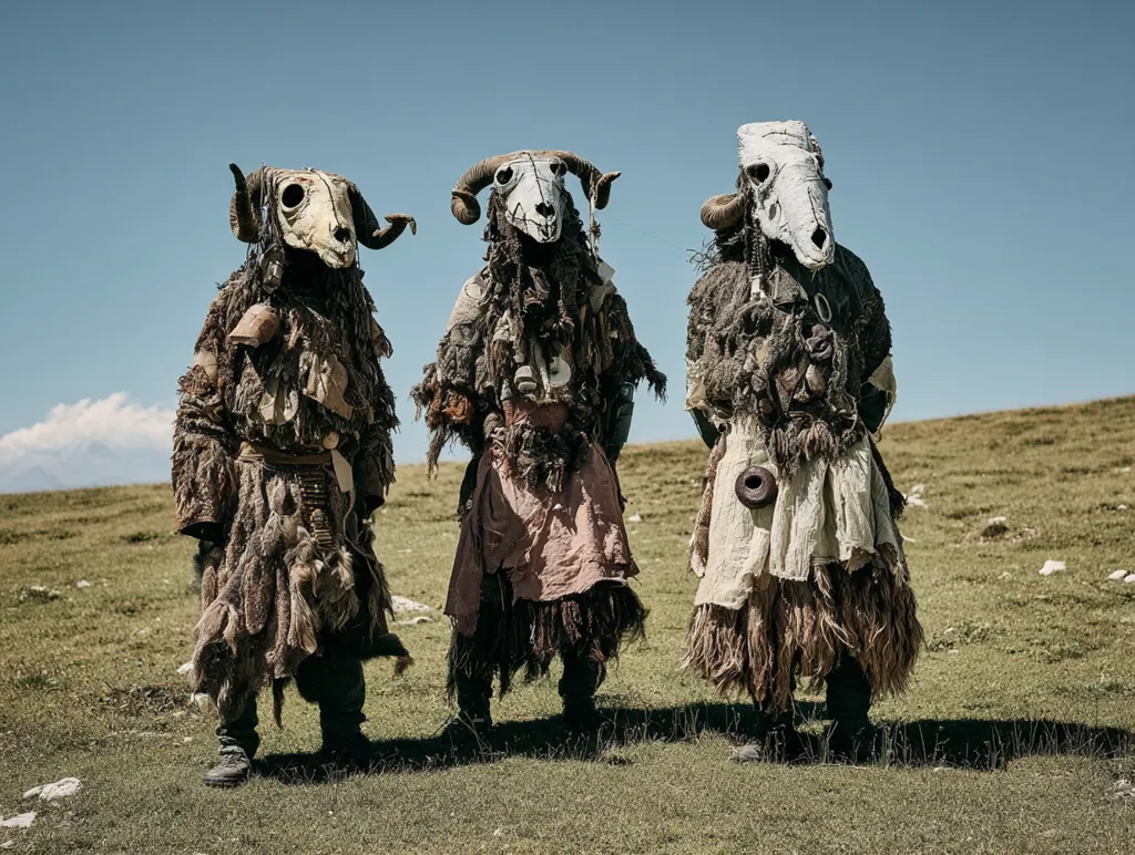 Three figures stand in a grassy field under a clear blue sky.  Each wears a long, shaggy, brown robe adorned with various objects and a mask resembling a ram's skull.  The costumes appear ritualistic or ceremonial, suggesting a cultural or spiritual context.  The overall atmosphere is one of mystery and ancient tradition.