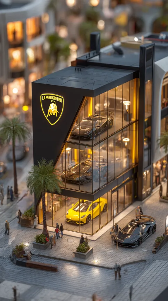 A meticulously detailed miniature Lamborghini showroom stands proudly amidst a city diorama.  The sleek, black building showcases three Lamborghinis—two dark-colored and one vibrant yellow—within its glass-walled interior.  Small figures of people are scattered around the building, adding a sense of scale and life to the scene.  Palm trees and meticulously crafted street details complete the miniature cityscape.