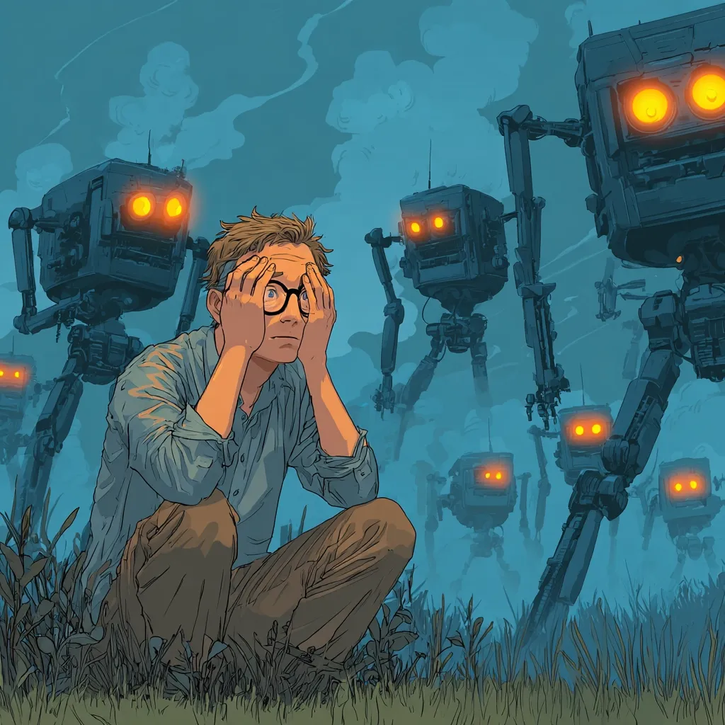 A man, crouched in fear, covers his eyes with his hands.  He is surrounded by a multitude of towering, menacing robots with glowing orange lights. The scene is set outdoors, under a twilight sky, emphasizing a feeling of unease and impending threat. The overall style is reminiscent of science fiction illustration, with a strong focus on atmosphere and character emotion.