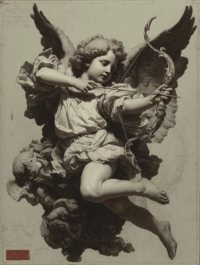 A monochromatic study depicts Cupid, a cherubic angel with wings, poised mid-flight.  He holds a bow and arrow, his gaze directed downward.  Cupid's body is rendered with meticulous detail, showcasing the artist's mastery of anatomy and form.  The background suggests a cloudy or ethereal setting, adding to the mystical quality of the piece.  The overall impression is one of elegant movement and celestial grace.