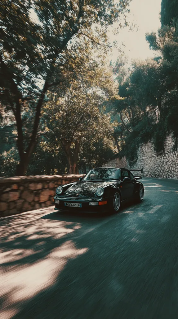 A black Porsche 911 (964 generation) speeds along a winding road, nestled amongst lush, sun-dappled trees.  The motion blur accentuates the car's swift movement.  A low stone wall lines the road, adding to the picturesque, scenic drive. The image evokes a sense of freedom and exhilaration.