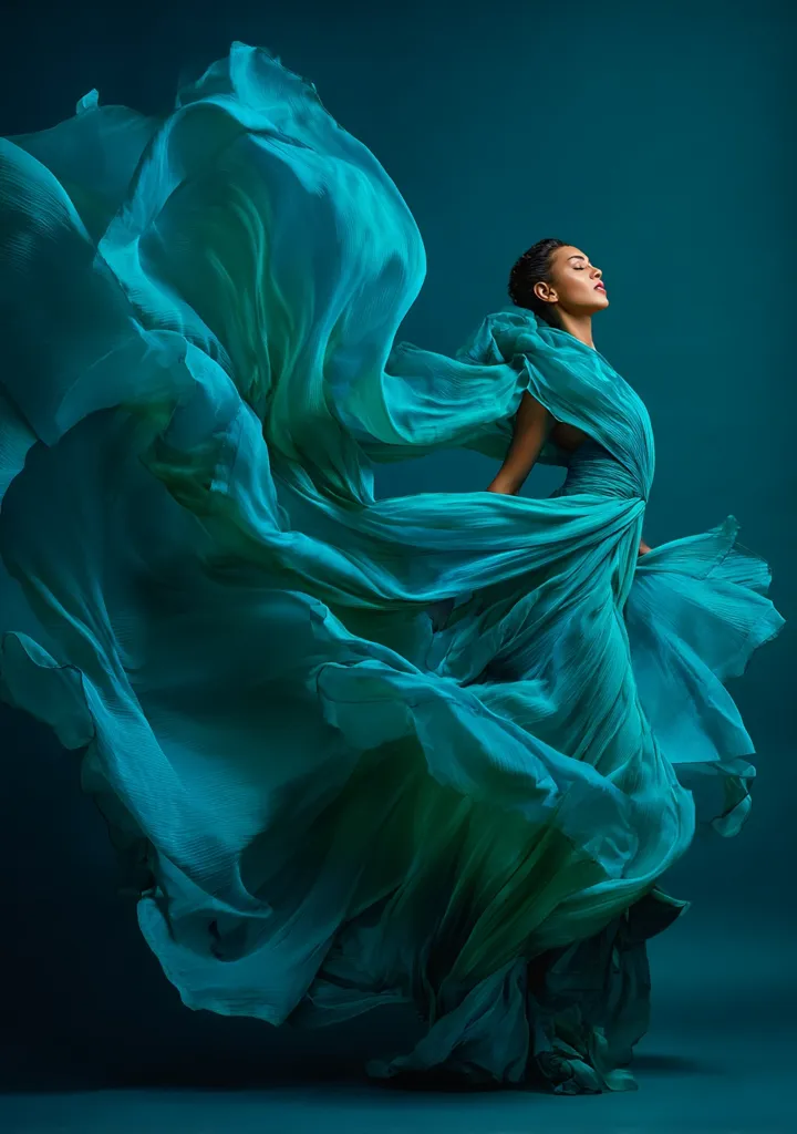 A woman in a flowing teal gown is captured in a dramatic pose against a dark teal backdrop. The fabric billows and swirls around her, creating a sense of movement and ethereal beauty.  Her pose is elegant and serene, her head tilted back slightly. The image is a study in color and texture, emphasizing the fluidity of the fabric and the grace of the model.
