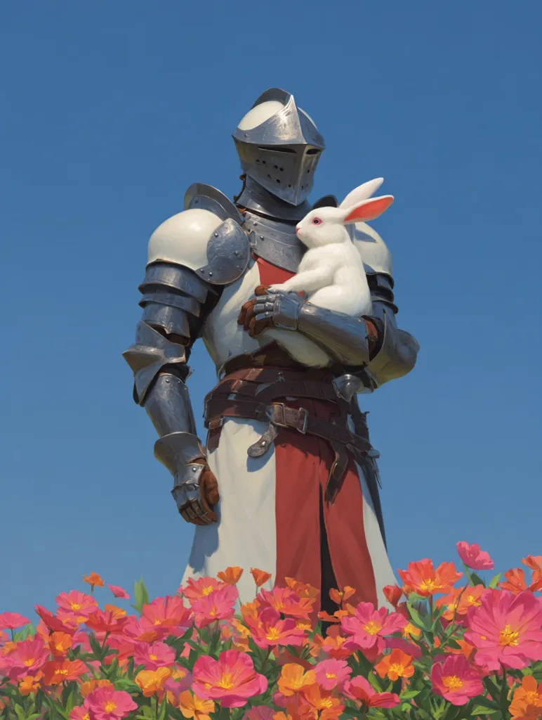 A knight in shining armor, clad in white and red, gently cradles a white rabbit.  The knight stands amidst a vibrant field of pink and orange flowers against a clear blue sky. The scene evokes a juxtaposition of strength and gentleness, medieval chivalry and unexpected tenderness. The overall aesthetic is serene and slightly surreal.