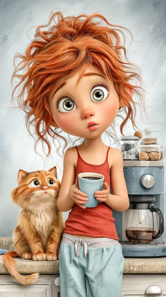 A cute cartoon girl with curly red hair holds a cup of coffee. She's wearing a red tank top and teal pajama pants. Beside her sits a ginger kitten. A coffee maker is in the background, suggesting a cozy morning scene. The girl's large eyes and curious expression add to the charming illustration's overall appeal.