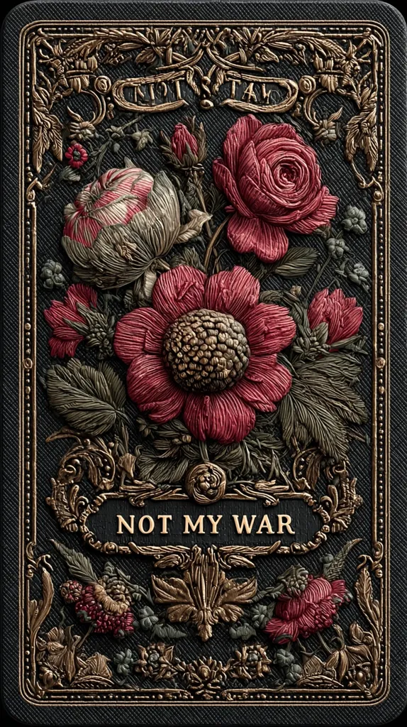 A dark, ornate frame encloses a meticulously detailed floral arrangement.  Roses, peonies, and other blossoms in deep reds and golds are rendered in a three-dimensional, almost embossed style.  The phrase "NOT MY WAR" is prominently displayed at the center, adding a poignant message to the artistic composition.  The overall effect is one of luxurious texture and subtle protest.