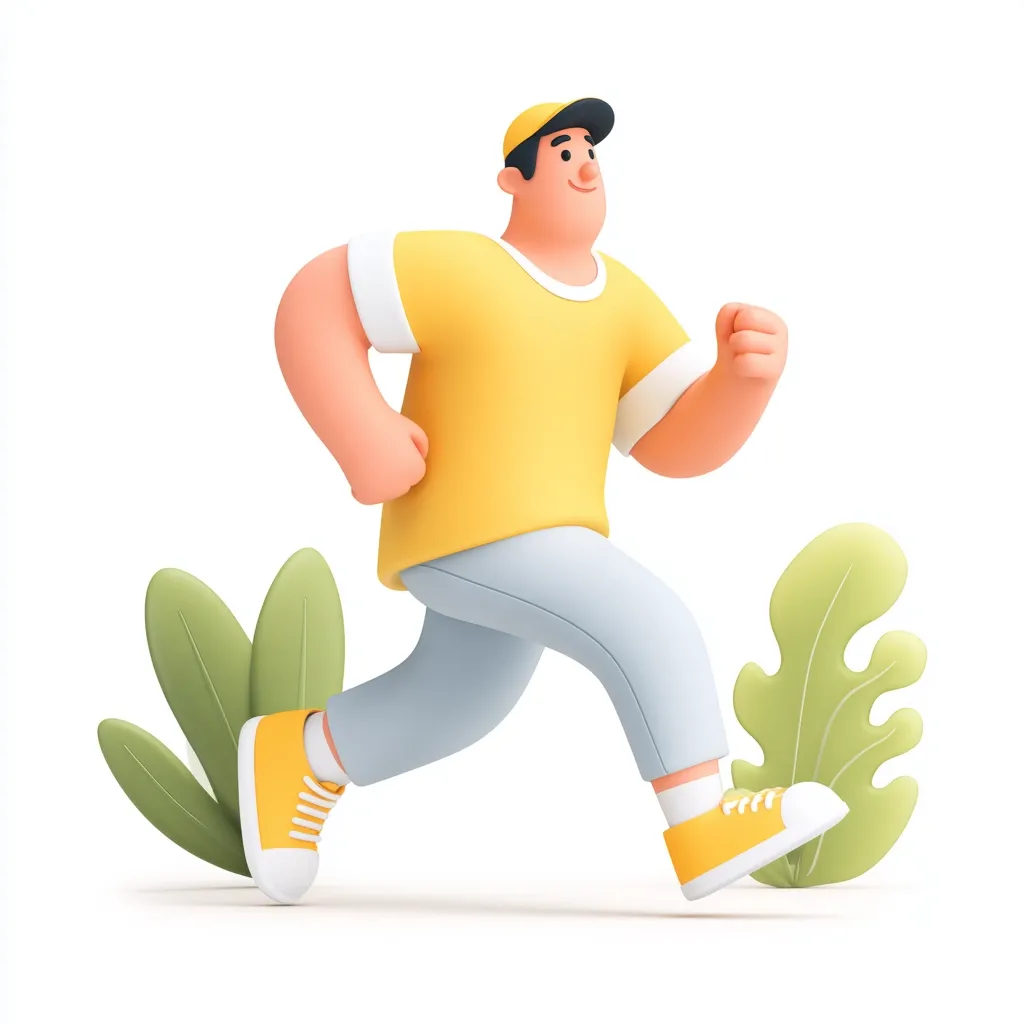 A cheerful, 3D-rendered cartoon man with short dark hair and a yellow cap is depicted mid-stride, jogging energetically. He's wearing a yellow t-shirt and light blue pants, complemented by yellow sneakers.  Stylized green leaves frame him against a white background, emphasizing his active, outdoorsy image.  The overall style is playful and vibrant.