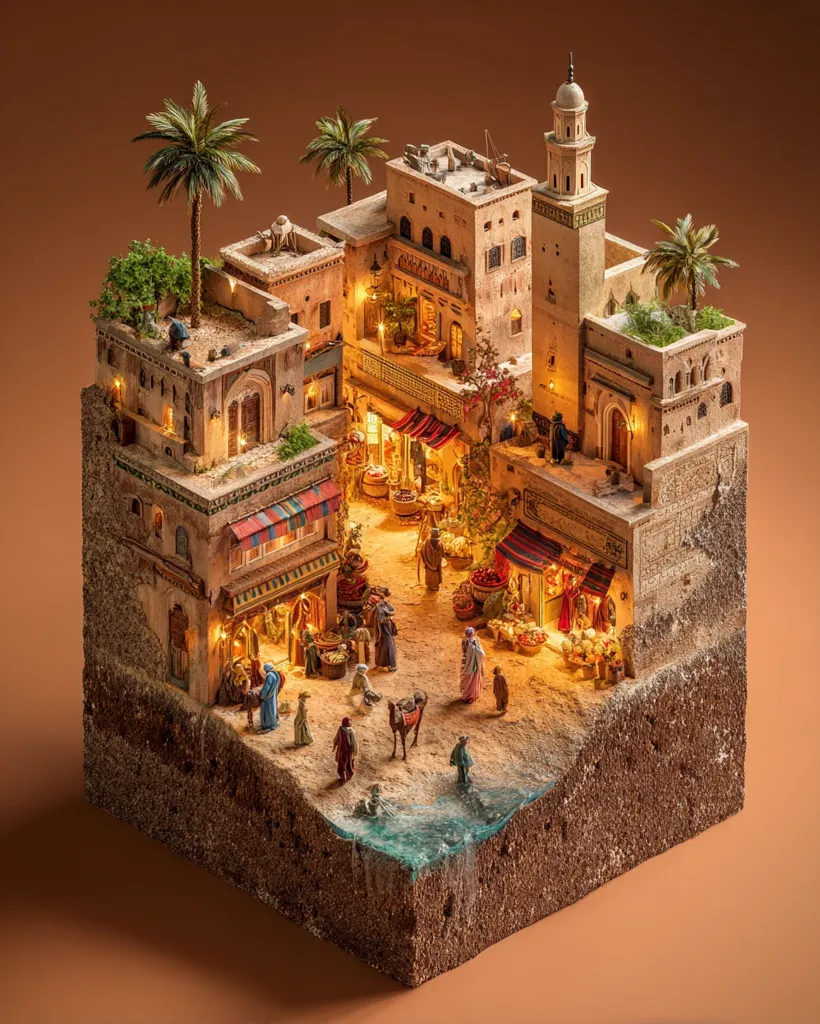 A meticulously crafted miniature diorama depicts a bustling Moroccan marketplace.  Intricate details showcase terracotta buildings, vibrant awnings, and tiny figures engaged in daily life.  Palm trees and a mosque add to the scene's authenticity. Warm lighting illuminates the market square, creating a captivating, almost surreal atmosphere. The diorama is presented as a cube, revealing a cross-section of the land and a hint of ocean.