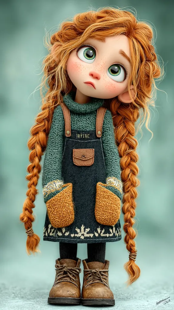 A 3D-rendered image showcases a charming girl with vibrant red hair styled in a long braid.  She's dressed in a green knitted sweater, dark denim overalls with brown leather accents, and brown boots.  Her large, expressive green eyes and freckled cheeks give her a cute, slightly melancholic expression. The overall style is whimsical and detailed, suggesting a handcrafted aesthetic.