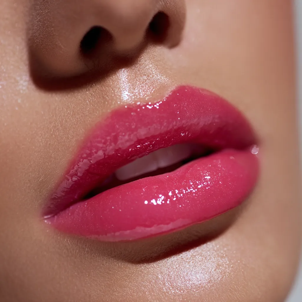 Close-up view of a woman's lips, showcasing a glossy, vibrant pink lipstick. The lips are full and appear smooth and hydrated.  The light glistens on the high points of the lips, highlighting the shine of the lip gloss.  The focus is sharply on the lips, with the surrounding skin softly blurred.