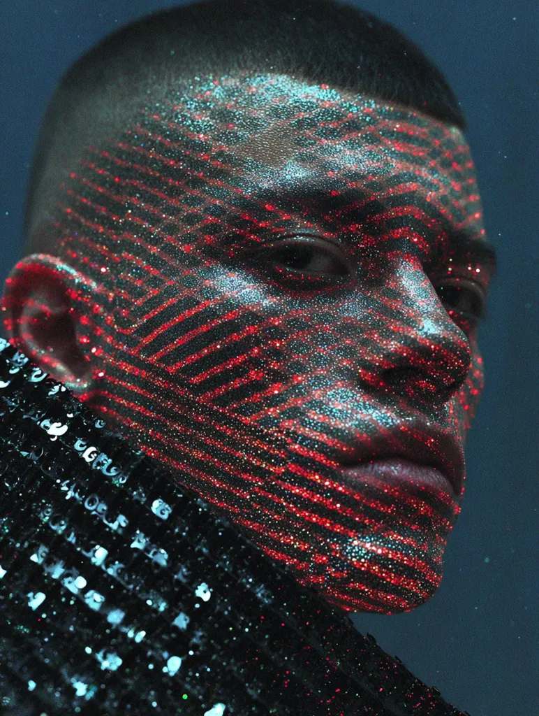 Close-up of a person's face adorned with red and blue glitter, forming diagonal lines across their skin.  The glitter creates a striking contrast against their dark complexion and short hair. They are wearing a dark, sequined garment. The image has a futuristic, almost digital aesthetic. The overall effect is one of both beauty and technological enhancement.