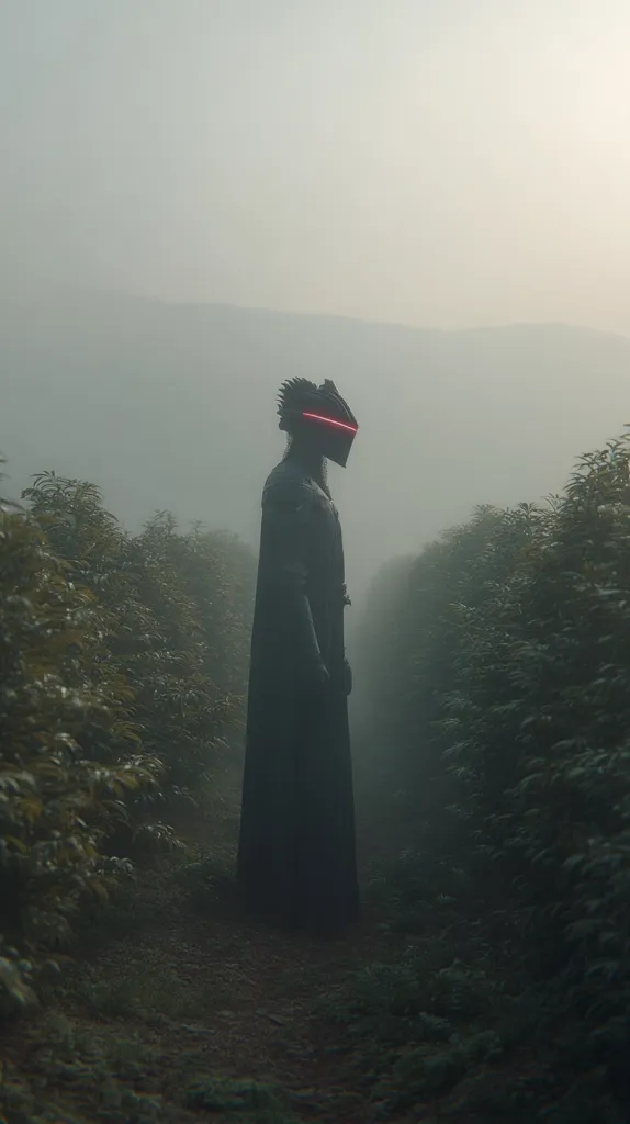 A lone figure, cloaked in dark garb and a helmet with a glowing red visor, stands amidst a misty, overgrown path.  The atmosphere is shrouded in fog, creating a mysterious and somewhat ominous mood.  The figure's stillness and the muted colors enhance the sense of quiet solitude.  The setting suggests a remote, possibly desolate, location.
