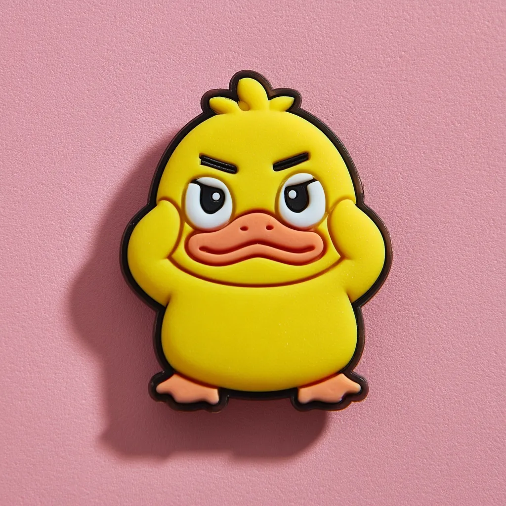 A small, yellow rubber duckling figurine with a grumpy expression is shown against a pink background.  Its arms are raised to its cheeks, and it has dark, expressive eyes.  The duckling is depicted in a cartoonish style, with exaggerated features.  The image is well-lit and shows good detail of the figurine's texture.
