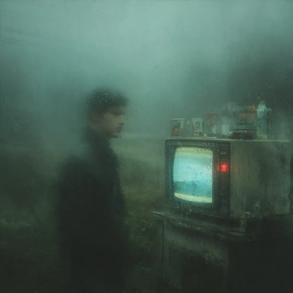 A blurry figure, seemingly a young person, stands before a vintage television set viewed through a rain-streaked window.  The atmosphere is dark and moody, with a foggy, green-tinged background.  The television shows a faint, indistinct image, and various cans and items are perched atop the set. The overall scene evokes a feeling of isolation and melancholic contemplation.