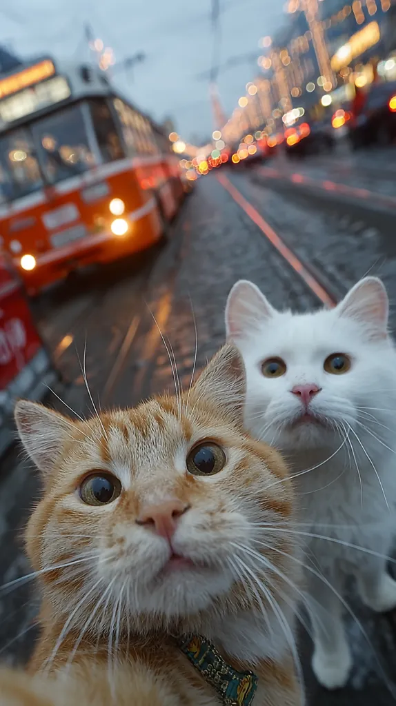A ginger cat takes a selfie with a white cat in the foreground.  The blurry background shows a city street with a tram and streetlights.  The cats appear curious and friendly, the ginger cat's expression is particularly engaging. The overall tone is playful and captures a moment of urban animal life.