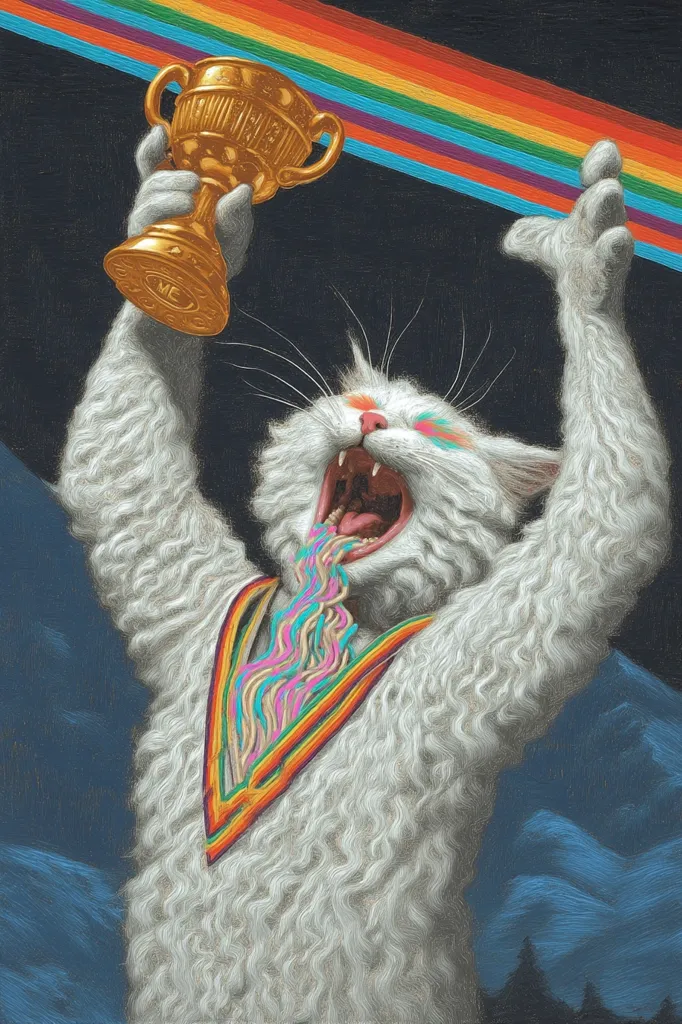 A fluffy white cat, with vibrant rainbow-colored streaks across its chest, victoriously holds a golden trophy aloft. Its mouth is open, revealing a multicolored stream emanating from its throat.  The cat is set against a dark background with a rainbow arching overhead, creating a surreal and celebratory image.  The style is reminiscent of painterly digital art.