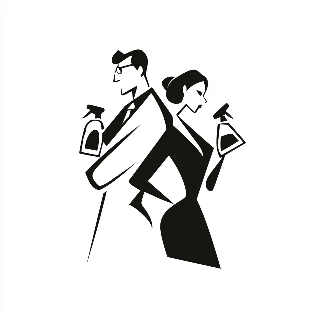 A stylized black and white illustration depicts a man and woman, back-to-back, each holding a spray bottle.  The man is in a suit, and the woman in a dress. Their poses suggest teamwork and efficiency, possibly representing a cleaning service or a collaborative effort. The minimalist style creates a clean and modern aesthetic.