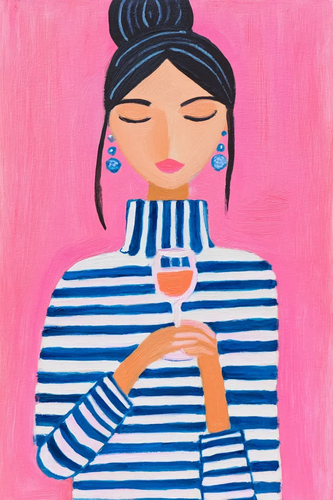A stylized painting of a woman with dark hair in a bun, wearing a blue and white striped turtleneck sweater and blue earrings.  She holds a glass of rosé wine, her eyes closed in apparent enjoyment. The background is a solid, bright pink. The style is bold and graphic, using thick paint strokes.