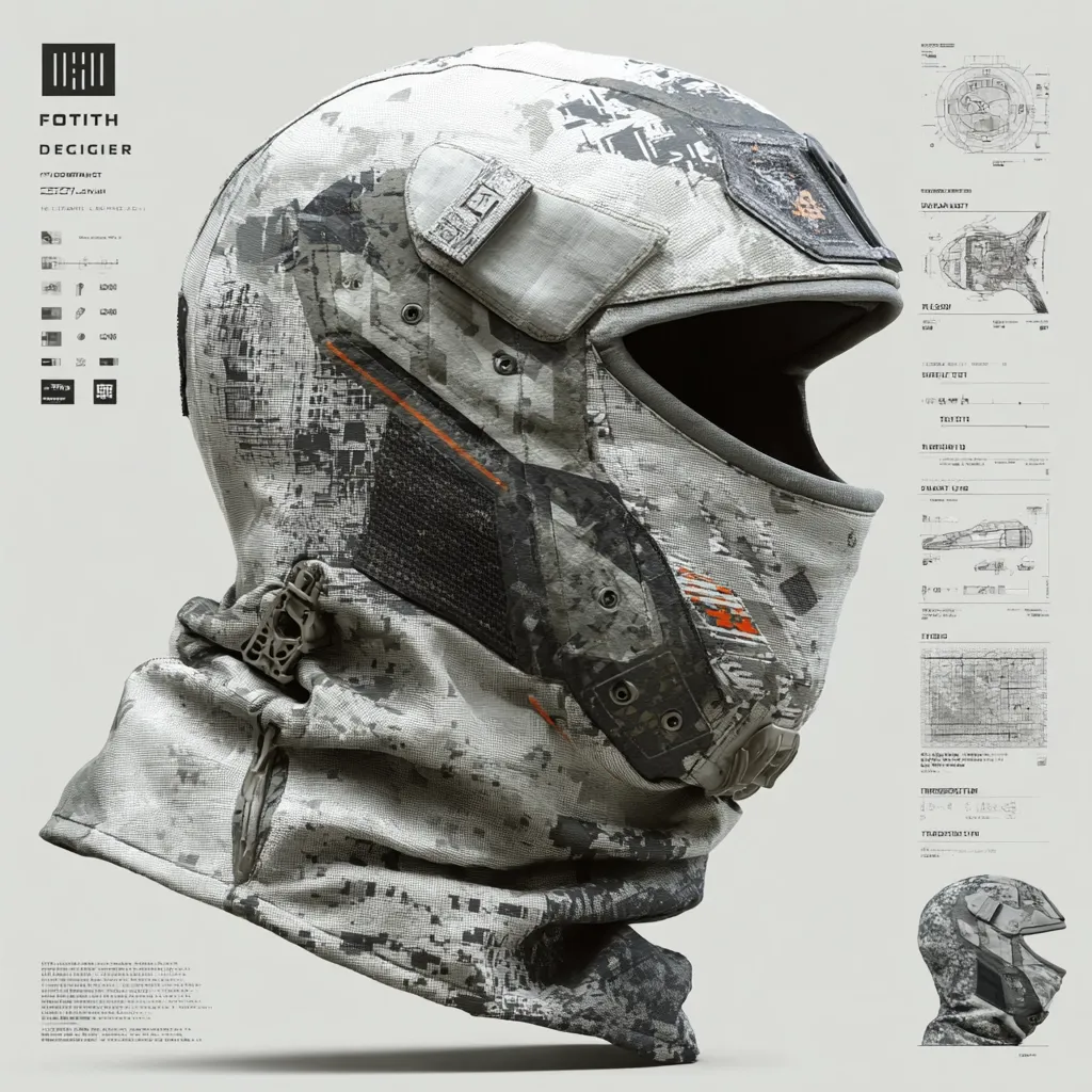 A detailed close-up showcases a futuristic helmet, predominantly grey with a pixelated camouflage pattern.  Orange accents highlight its technical design.  Accompanying technical schematics and diagrams suggest advanced engineering and functionality. The helmet’s balaclava-style design extends to cover the neck,  implying a protective and possibly military or tactical application. The image features a sleek, minimalist aesthetic.