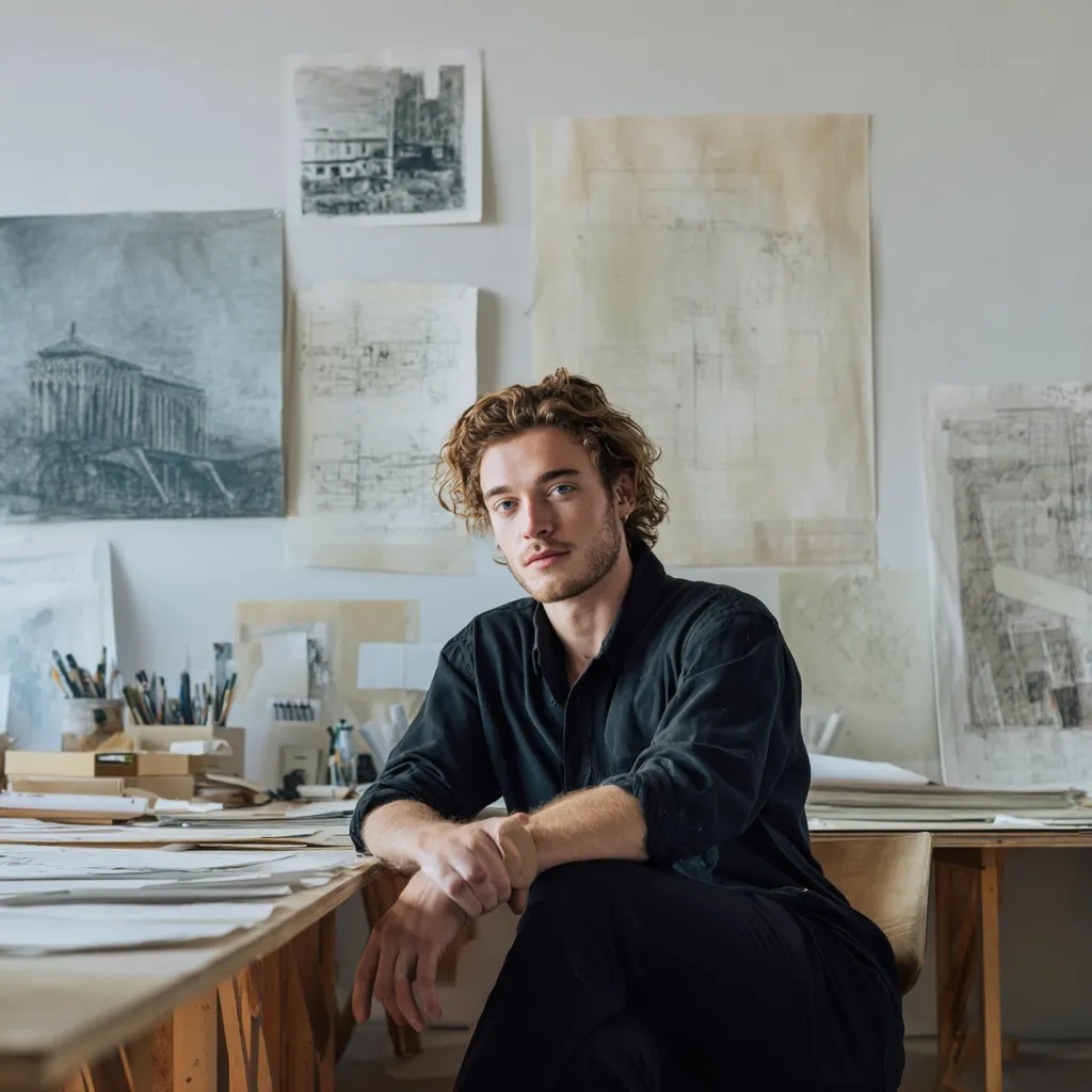 A young man with curly hair sits at a table in his art studio, surrounded by architectural drawings and sketches. He wears a black button-down shirt and pants, his arms folded.  The room is bright with natural light, showcasing his calm and focused demeanor.  He looks directly at the camera, conveying a sense of artistic dedication and thoughtful concentration.