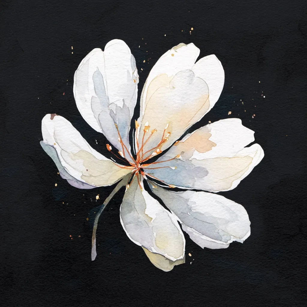 A watercolor painting showcases a delicate, light-colored flower against a stark black background. The flower's petals are rendered with soft, translucent washes, exhibiting a subtle blend of white, gray, and beige hues.  The central stamens are a rusty orange, contrasting beautifully with the pale petals.  Fine gold specks are scattered around the flower, adding a touch of elegance. The style is loose and expressive, emphasizing the ethereal beauty of the bloom.