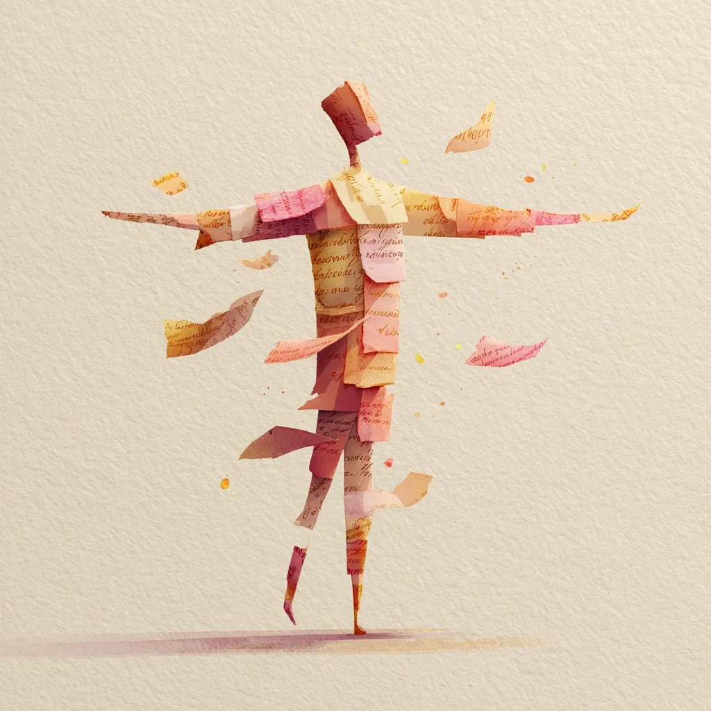 An abstract figure, composed of fragmented, handwritten papers in shades of pink and beige, stands with arms outstretched.  The papers, seemingly old letters or notes, flutter around the figure like a gentle breeze. The style is watercolor-esque, creating a soft, ethereal effect against a light beige background. The overall impression is one of lightness, freedom, and the ephemeral nature of memory.