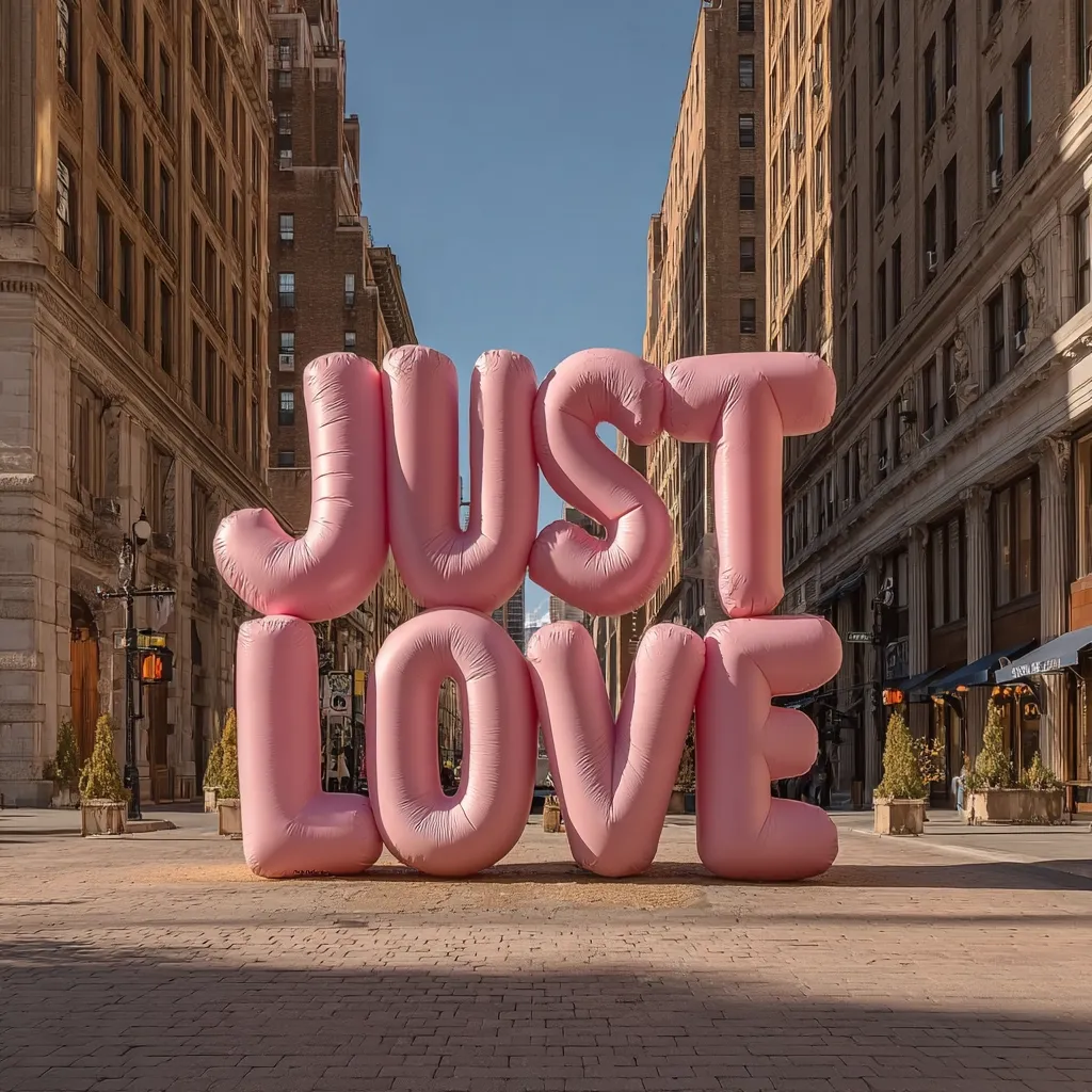 Large, inflatable pink letters spelling "JUST LOVE" are situated between two city streets.  The letters are positioned on a brick-paved area.  Tall, brown brick buildings flank the scene, creating a city backdrop. The sunlight casts shadows, highlighting the inflatable letters and the urban setting.  The overall scene is peaceful and conveys a message of simple affection.