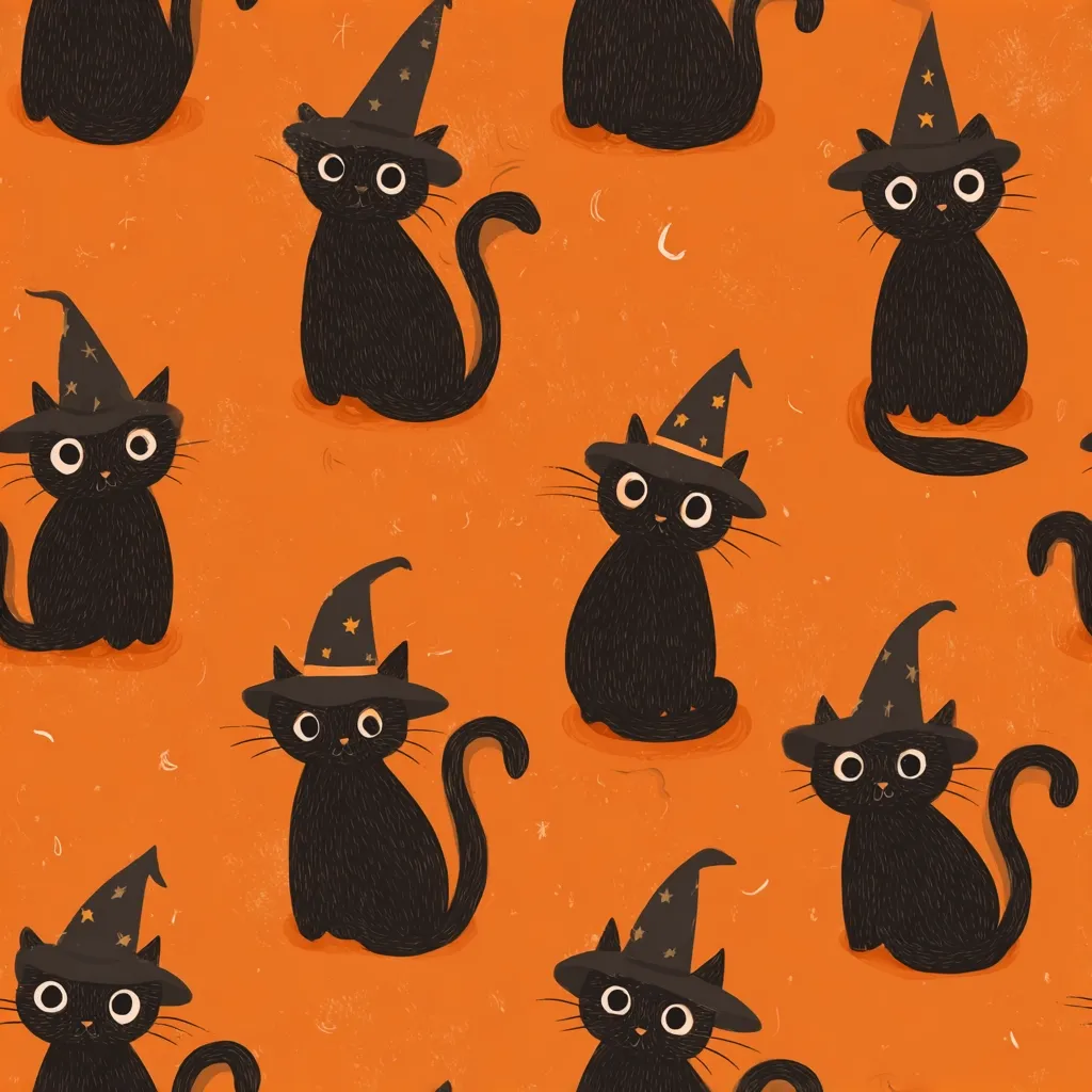 A repeating pattern featuring adorable black cats wearing witch hats.  The cats have large, expressive eyes and are depicted in a sitting position against a textured orange background.  The overall style is cute and whimsical, perfect for Halloween-themed designs.  The pattern is seamless, meaning it could be tiled infinitely.