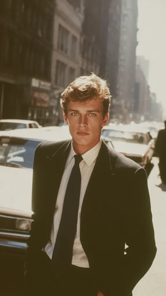 A young man with light brown hair stands on a city street, dressed in a dark suit and tie.  The sun shines brightly, creating a warm glow. Cars are visible in the background, blurred by the shallow depth of field, emphasizing the subject. His expression is serious and his posture is confident, projecting a sophisticated and stylish image. The overall tone is one of classic, urban sophistication.